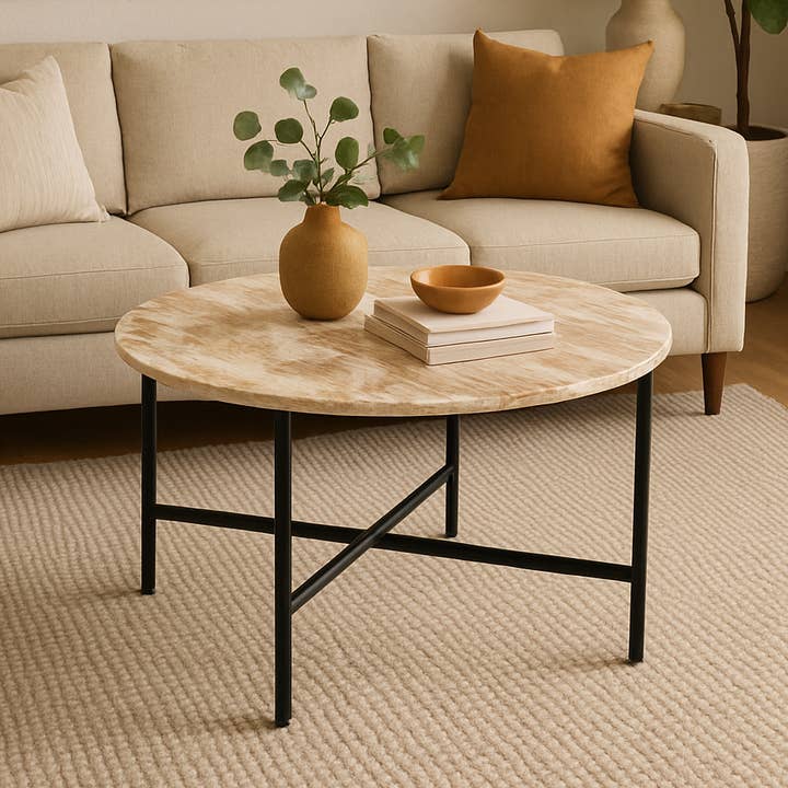 Coffee Trable | Brown Marble on Top with Metal Frame, 17"(H) for wholesale by ExpoBazaar