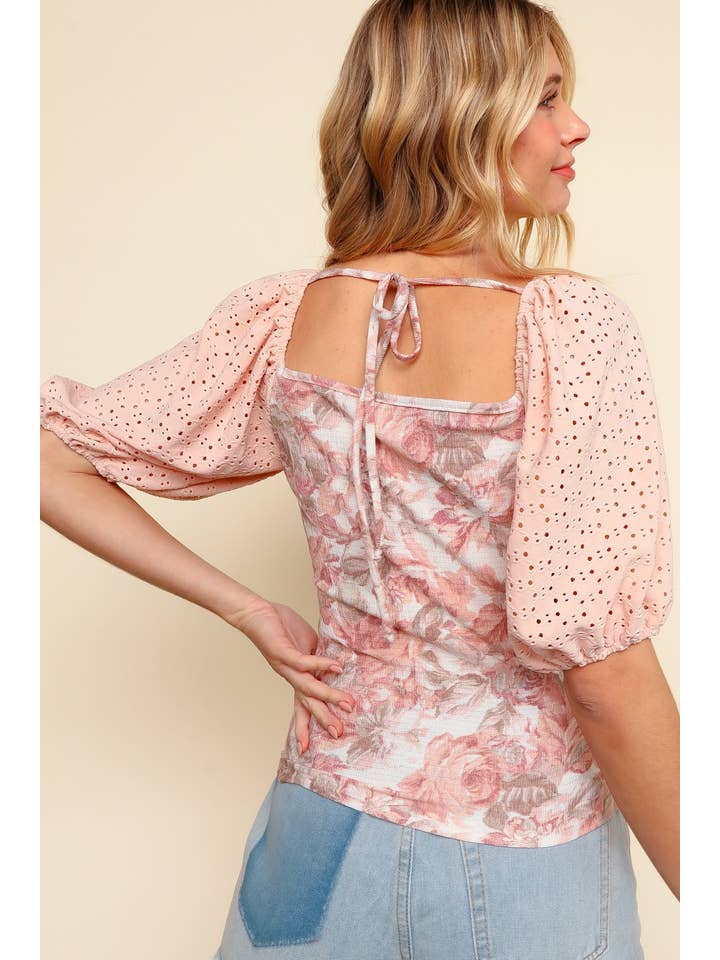 DUSTY ROSE Eyelet Short Sleeve Floral Fitted Top for wholesale on Faire