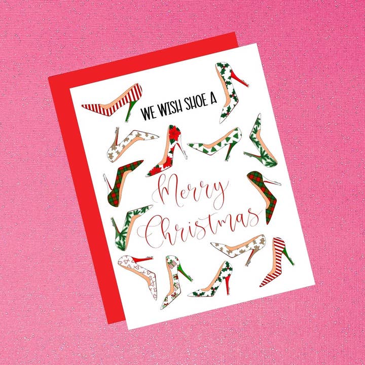 Karte „Holiday We Wish Shoe A Merry Christmas High Heel Shoe“ für den Großhandel von Tiffany Ascensio Designs | Watercolor Greeting Cards