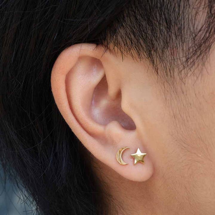 Nina Designs - Wholesale Stud/Post Earrings - Solid 14K Gold Moon and Star Post Earrings 7x7mm
