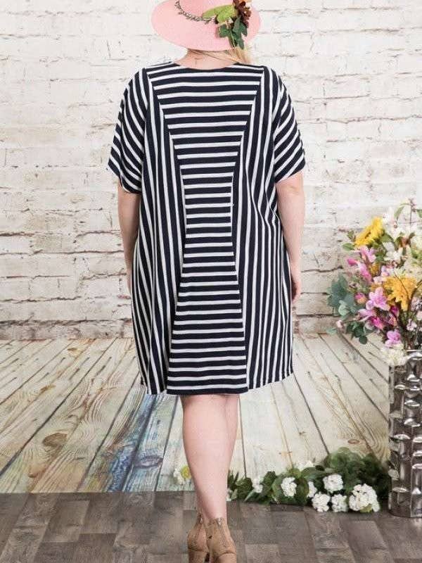Davi & Dani - Wholesale Dress - Women's - PLUS SIZE STRIPED ELASTIC WAIST DOLMAN DRESS