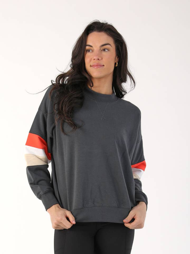 Vintage Oversized Crew: Carbon with Hot Coral/White/Oatmilk Stripes for wholesale by Glyder