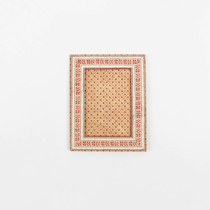 Craft Boat - Wholesale Picture Frame - BLOCK PRINTED TABLE TOP PICTURE FRAME - OCHRE FLORAL STRIPE 1