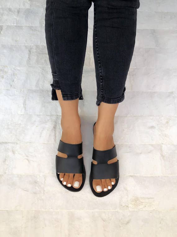 Christina Christi - Wholesale Sandals - Women's - Black Leather Slides, Black Sandals, Women Sandals1