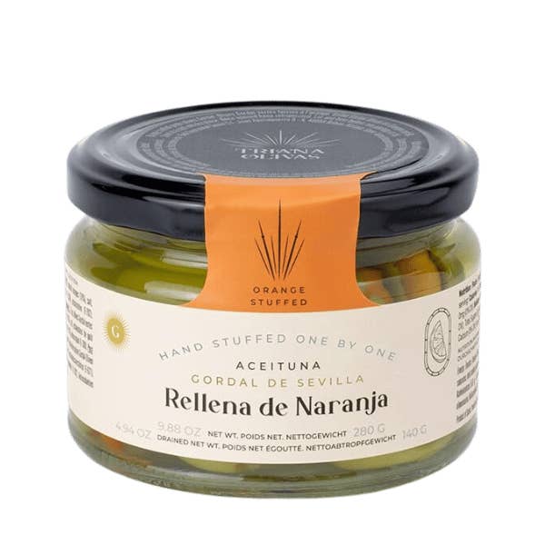 The French Farm - Wholesale Olives - Triana Olivas Orange stuffed Gordal Olives 9.88oz