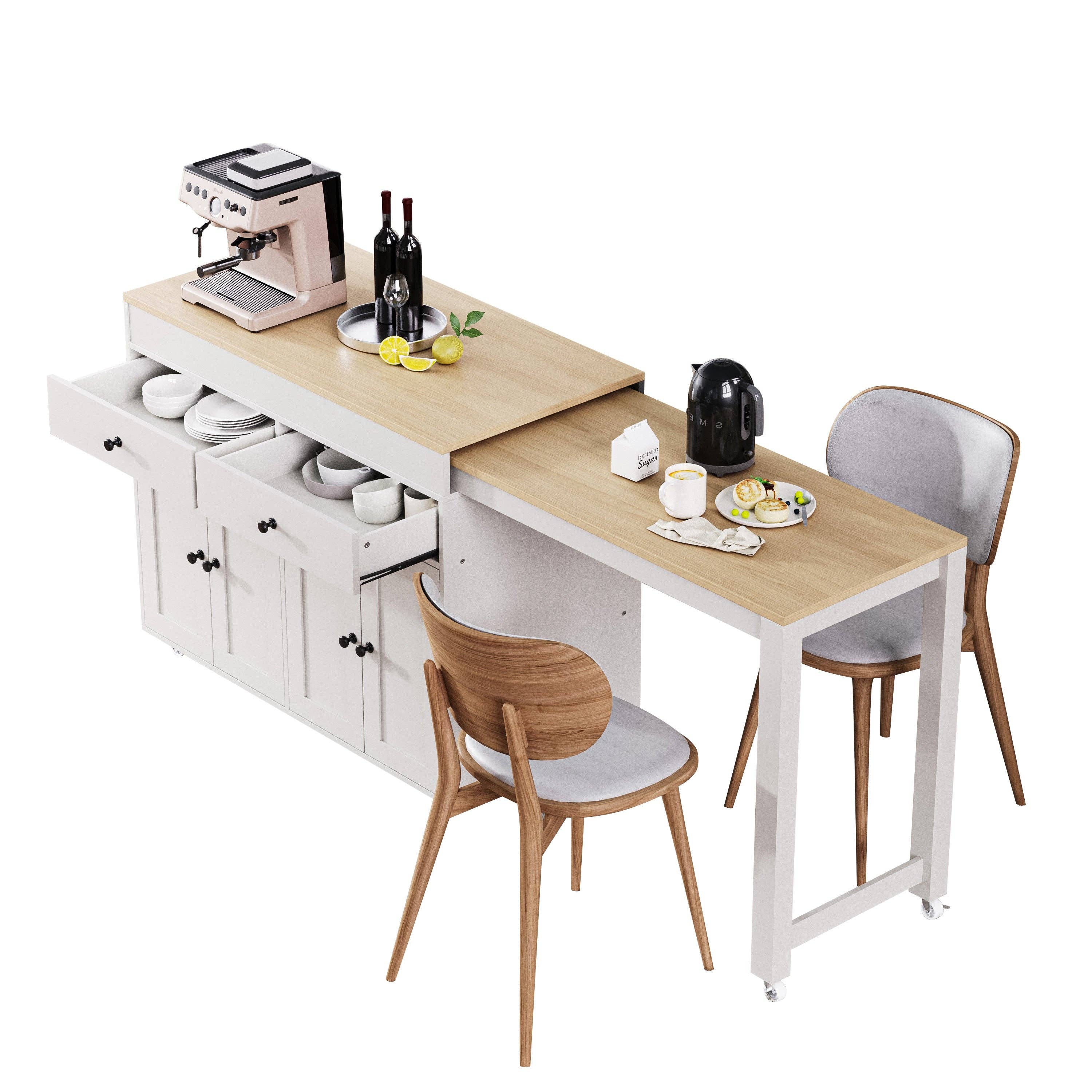 HOMYCASA DESIGN INC - Wholesale Kitchen Storage/Organizer - K&K 74.5 inch Kitchen Island with Extendable Dining Table , Rolling Kitchen Island on Wheels with Spice Rack and 2 Drawers,  Kitchen Storage Cart with 4 Door Cabinet, for Kitchen, Dining Room, White10