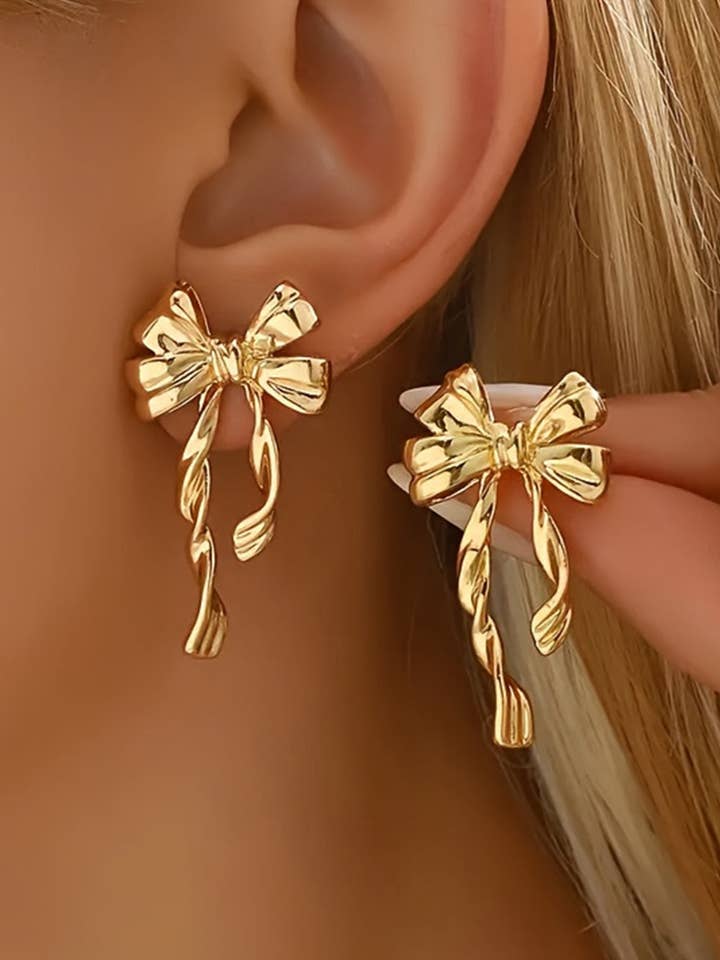 Gold Bow Knot Plated Alloy Stud Earrings for wholesale by Lovesoft