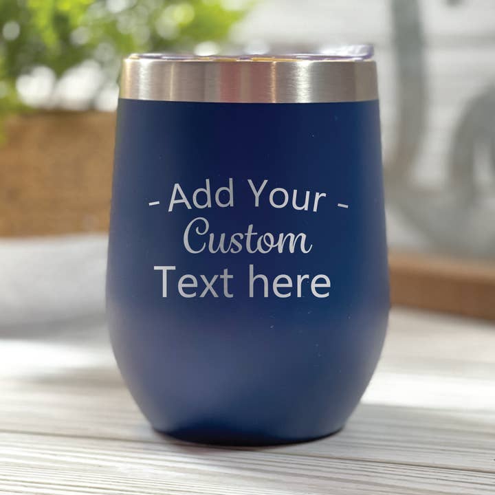 12Oz Wine Tumbler Custom Text Etched, Stainless Steel Navy for wholesale by Oh It's A Party
