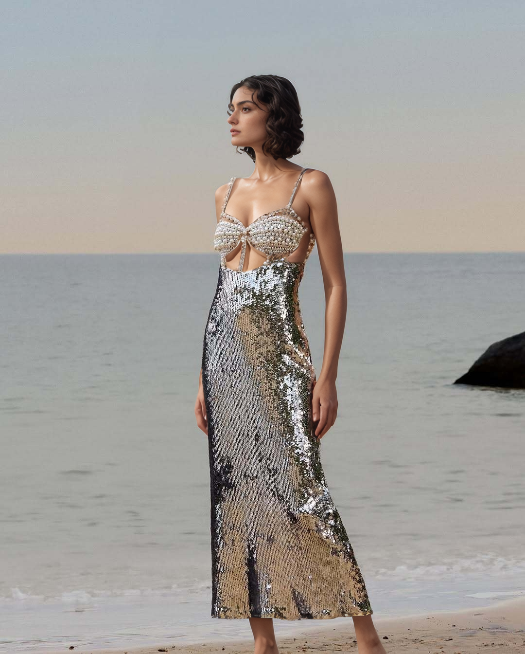 Silver DR547 romantisk silverklänning med pärlbroderad bustier för wholesale på Faire3