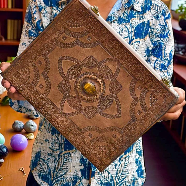 Handmade Mandala Large Leather Journal with Tiger stone for wholesale by MNM HANDICRAFTS