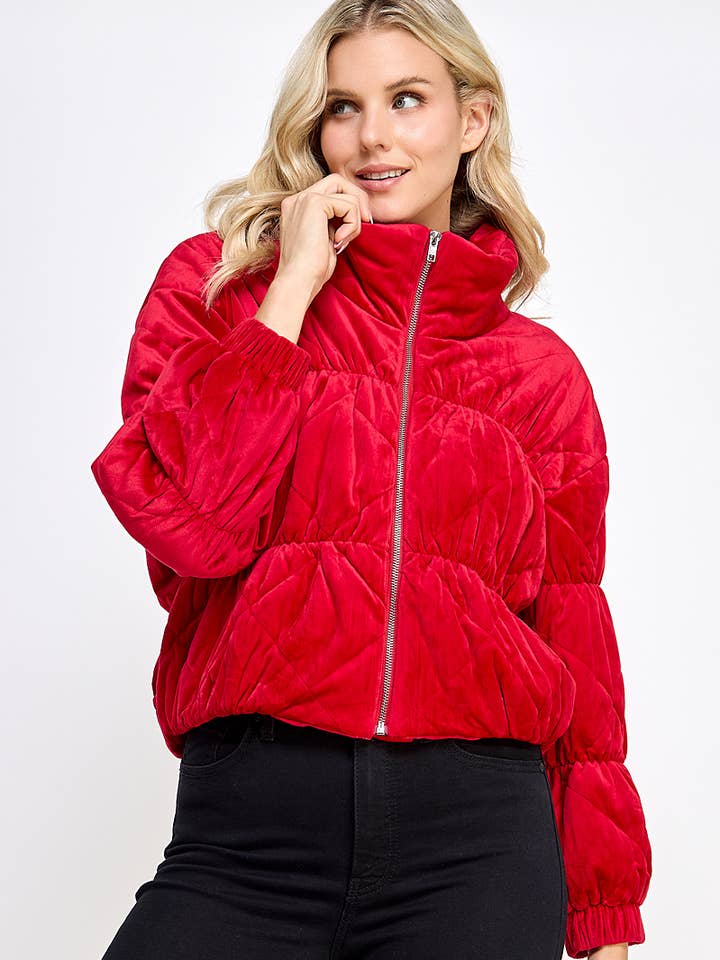 Sweet Lemon - Wholesale Puffer Jacket - Women's - VELVET TEXTURED QUILTED PUFFER JACKET