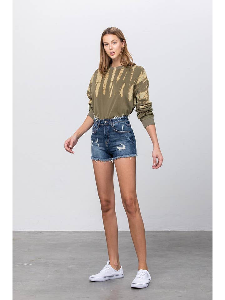 DARK Mid Rise Stretch Distressed Frayed Hem Denim Shorts for wholesale on Faire