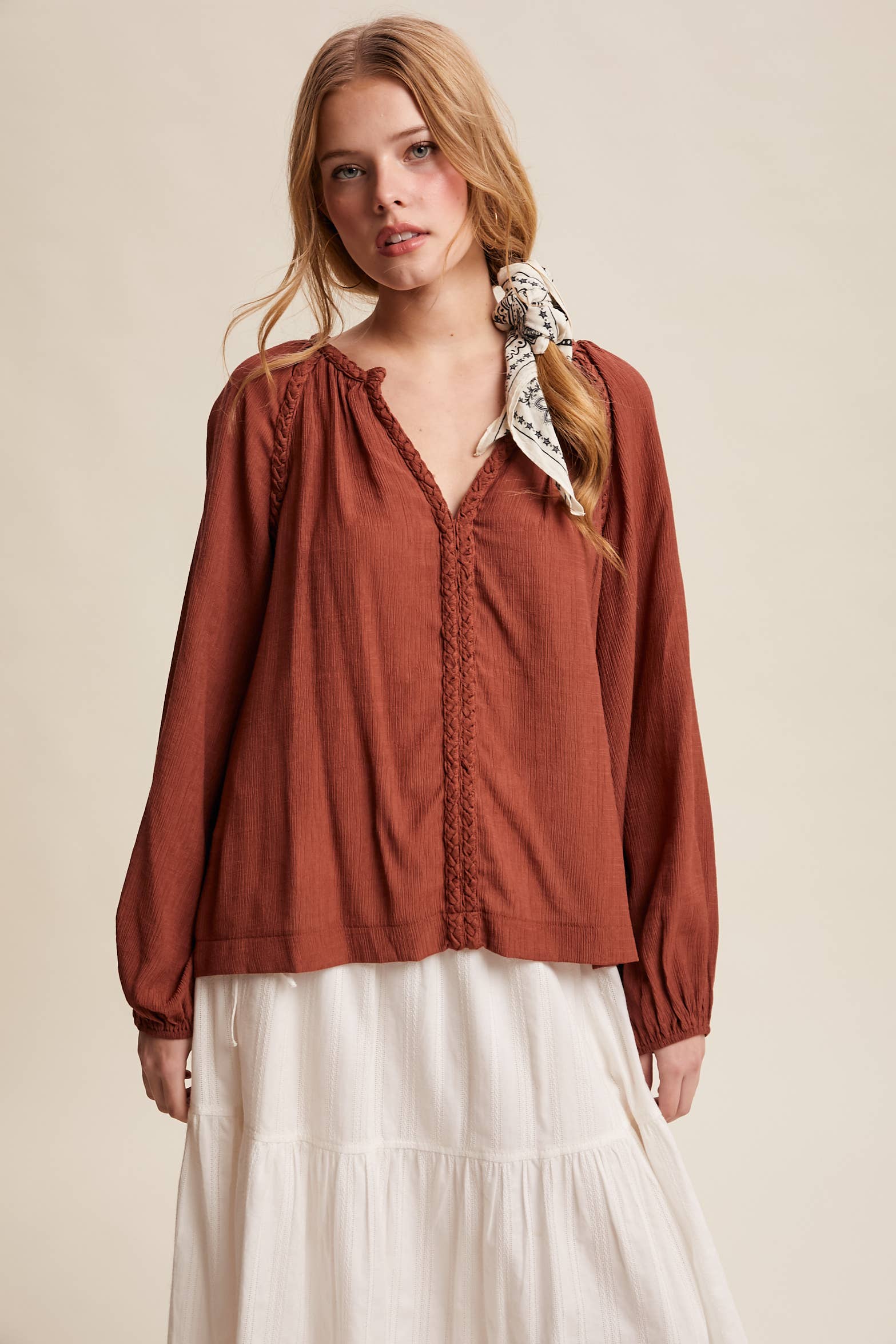 Listicle - Wholesale Blouse - Women's - Braided Trim Peasant Blouse LT144713