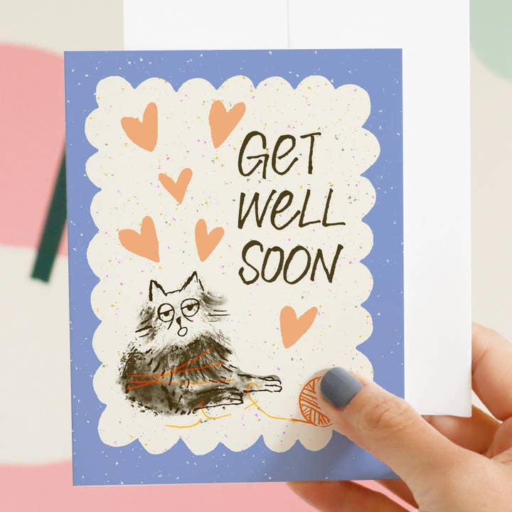 Get Well Cat with Yarn Greeting Card, A2, Blank Inside for wholesale by Esther Nariyoshi Illustrations
