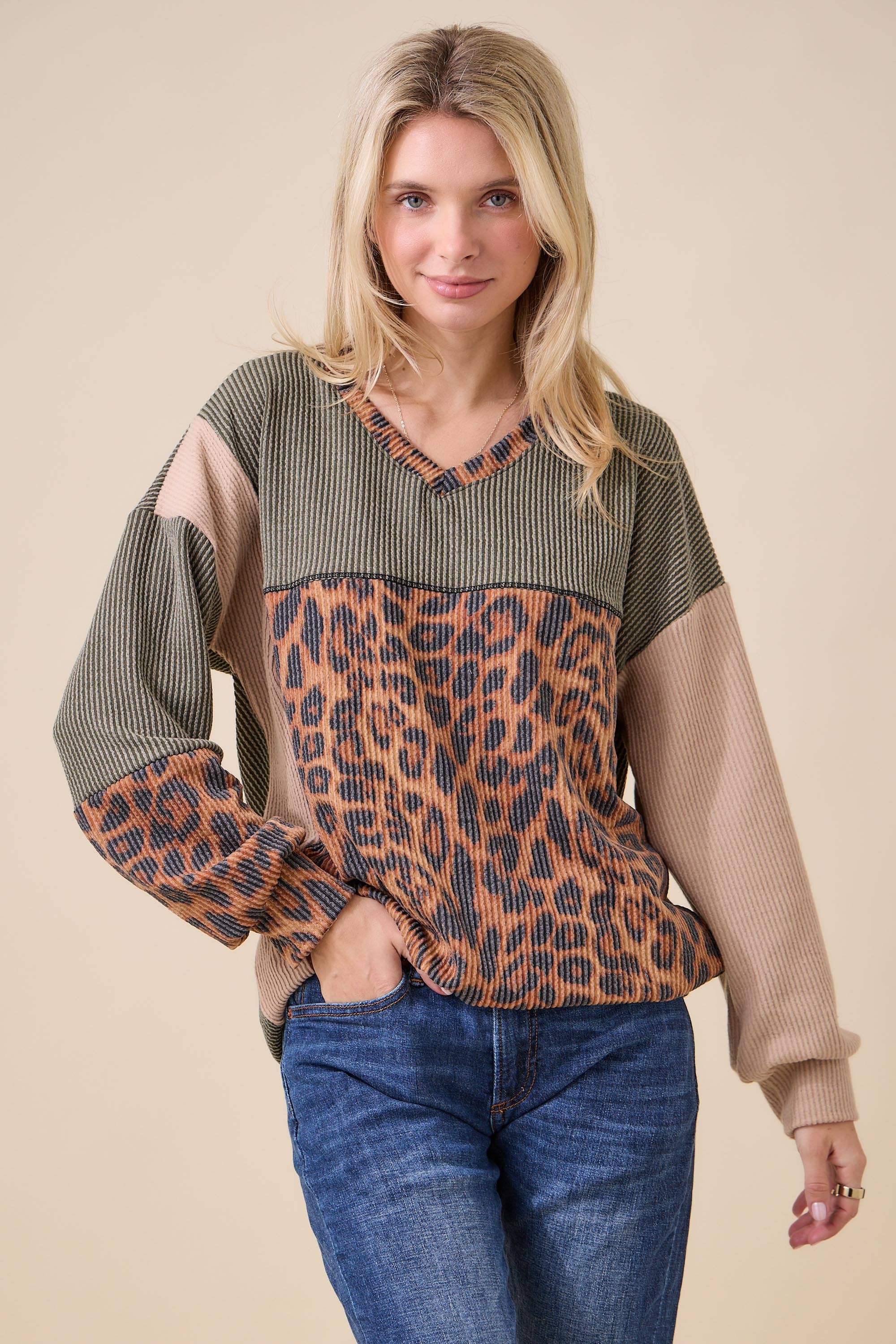 Celeste Clothing - Wholesale Knit Top - Women's - WOMEN'S RIB COLOR BLOCK ANIMAL PRINT LONG SLEEVE TOP12