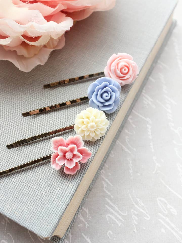 Pastel Pink and Baby Blue Flower Bobby Pins for wholesale by A Pocket of Posies