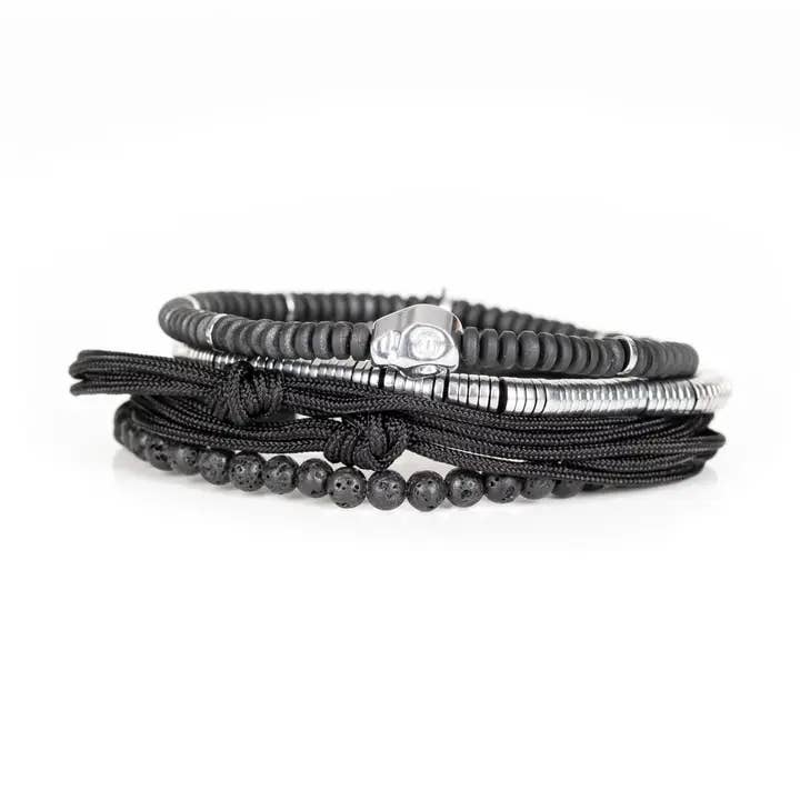 Black Bracelet Stack with Silver Accent Handcrafted for wholesale by The Dark Men