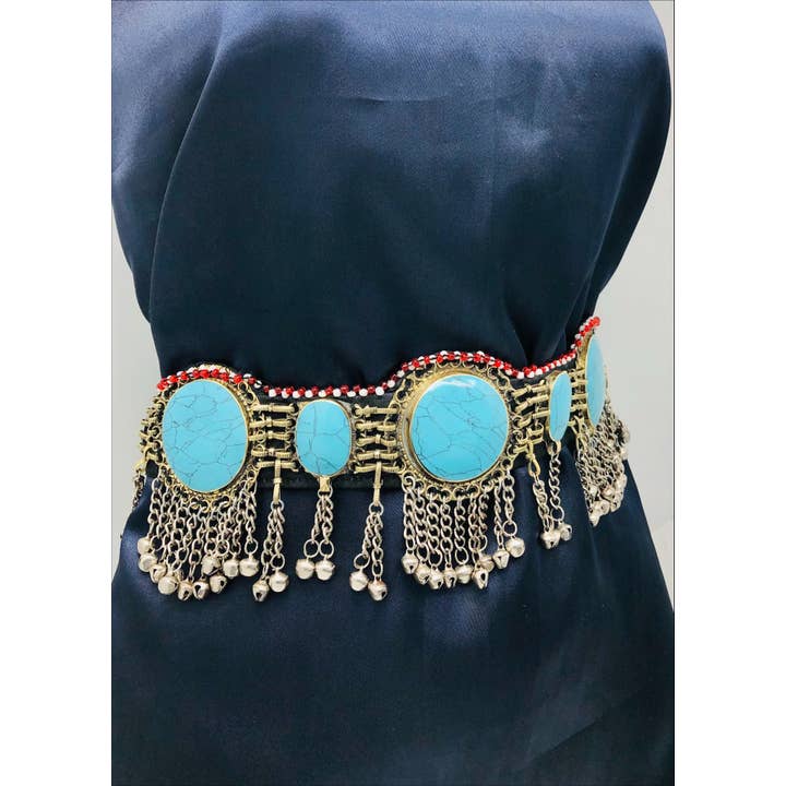vintarust - Wholesale Riem - Dames - Afghan Kuchi Turquoise Stenen Buikriem met zilveren bellen