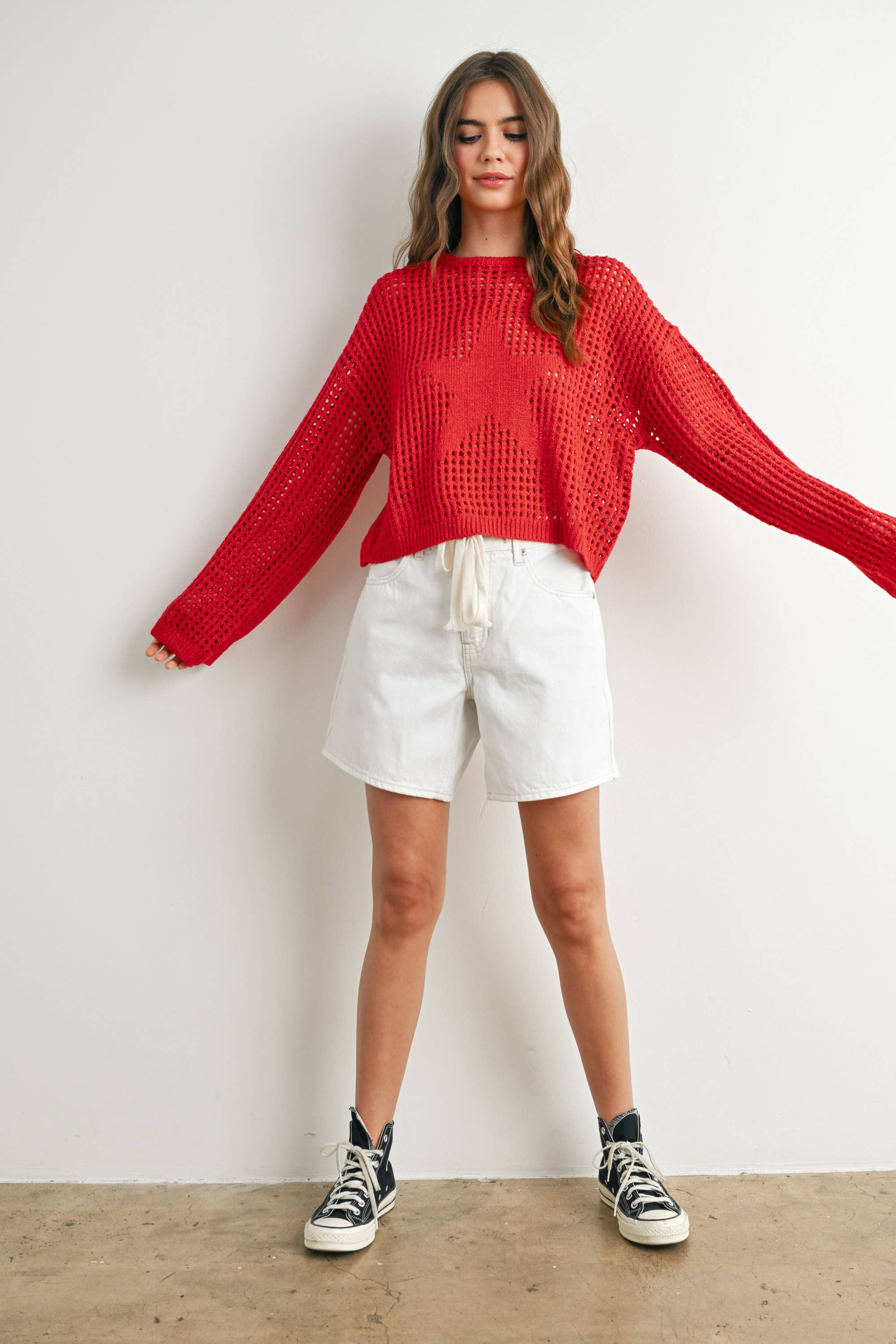 BUTTERMELON - Wholesale Knit Sweater - Women's - Crew Neck Crochet Sweater - BMW763320