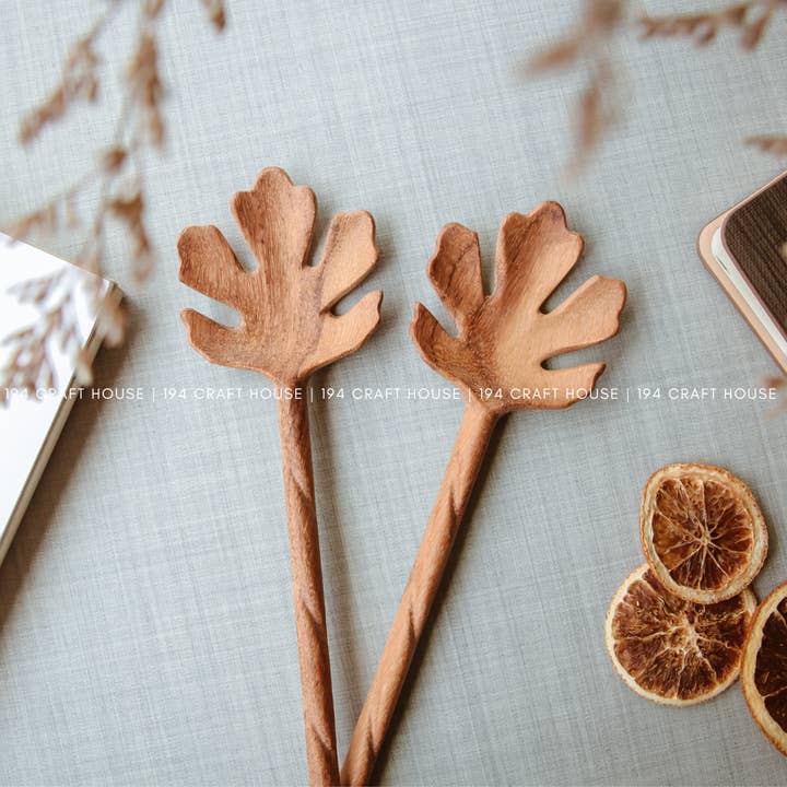194 Craft House - Vente Ustensile de service - Cuillère en bois sculptée à la main en forme de feuille - Ustensiles de cuisine