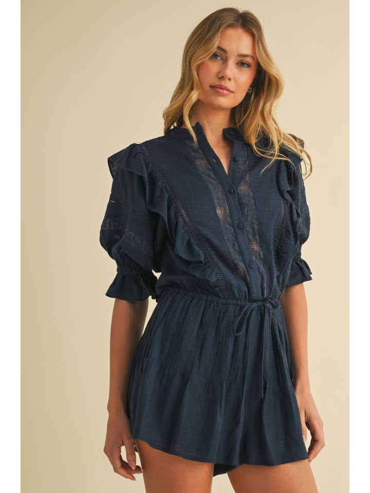 Klesis - Wholesale Romper - Women's - IR2223 LINEN PUFF SLEEVES FRILL AND BUTTON DOWN ROMPER