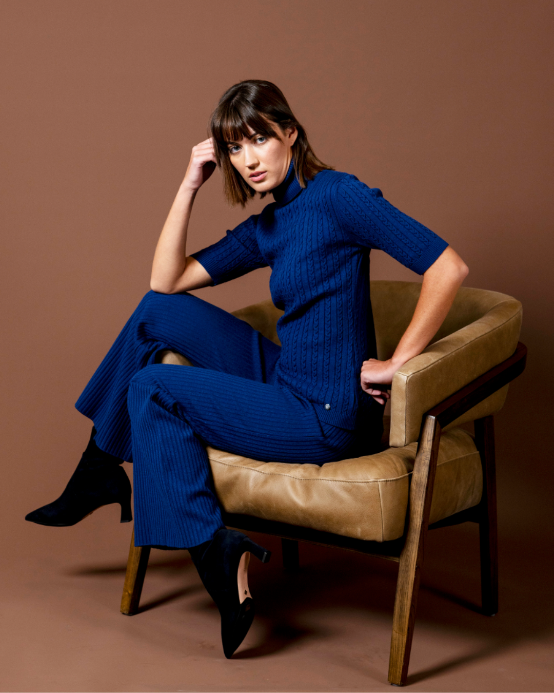 Biana - Wholesale Knit Top - Women's - Sherri Short Sleeved Cable-Knit Turtleneck, Navy7