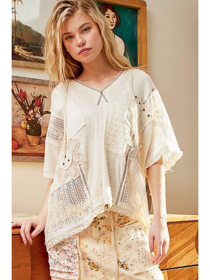Pol Clothing - Wholesale Knit Top - Women's - V-neck short sleeve crochet contrast solid top SALE
