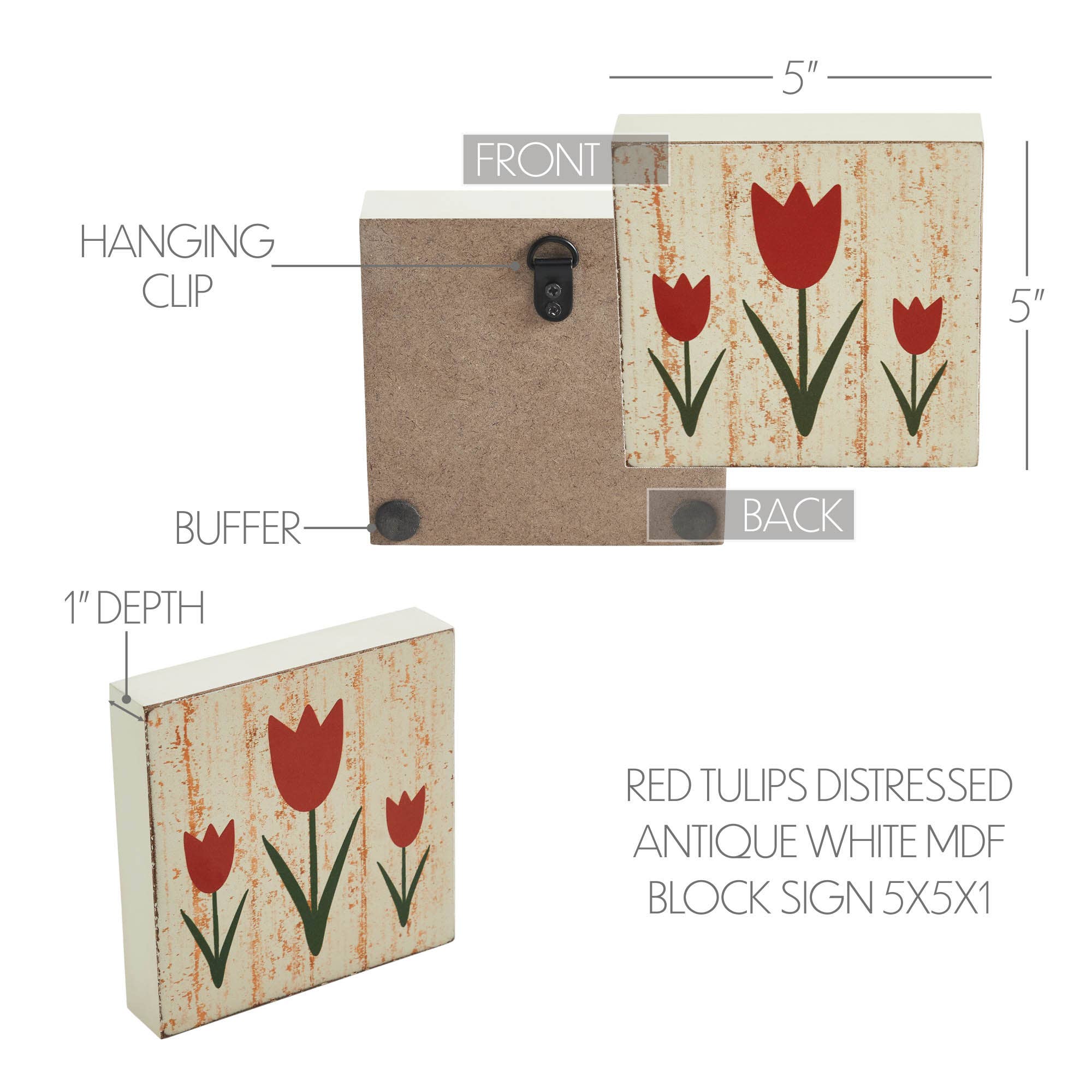 VHC Brands - Wholesale Sign - Spring In Bloom Red Tulips Distressed Antique White MDF Block Sign 5x5x14