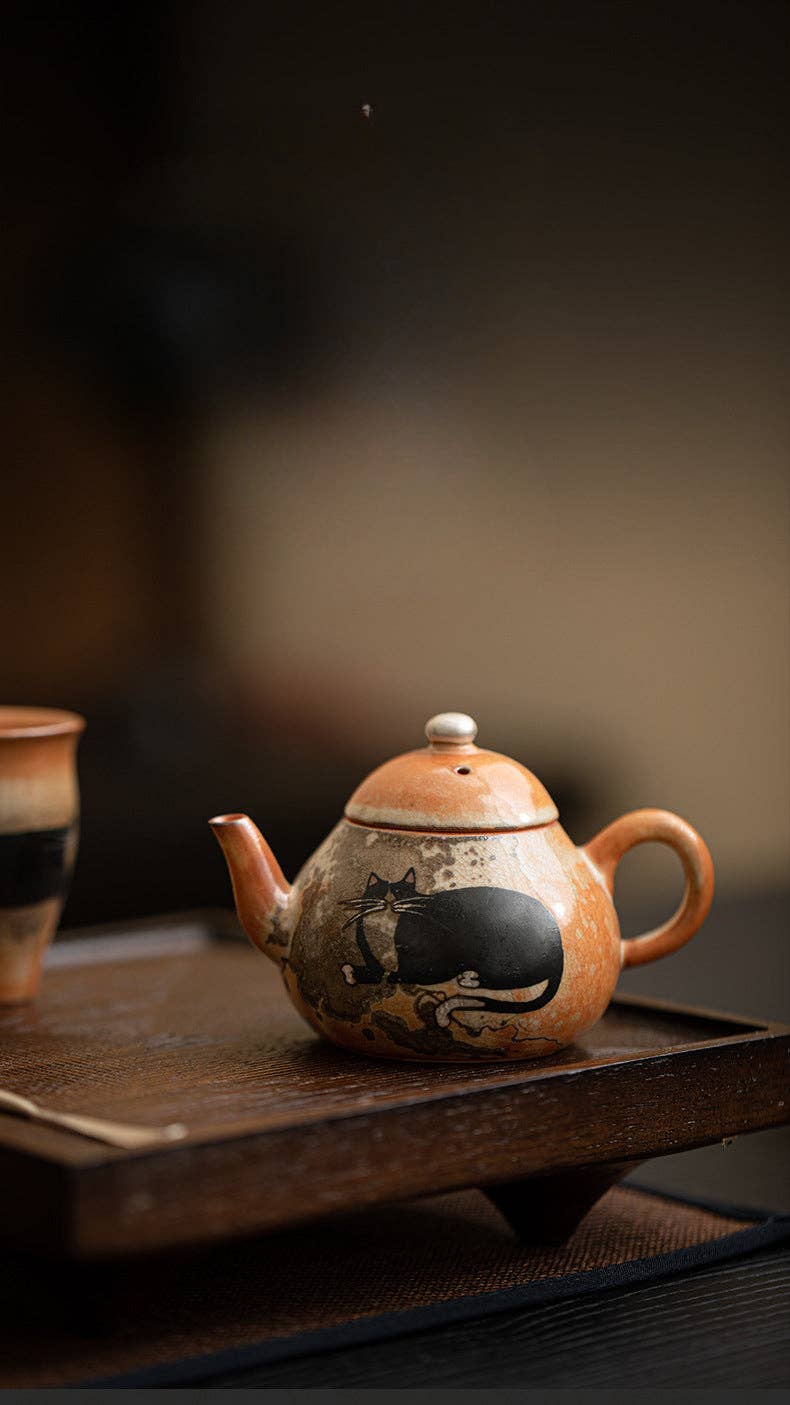 Gohobi （We cover U.S. import duties） – chaleira por atacado – Gohobi Bule de Chá de Gato Pintado à Mão com Tinta Preta Feito à Mão 0127