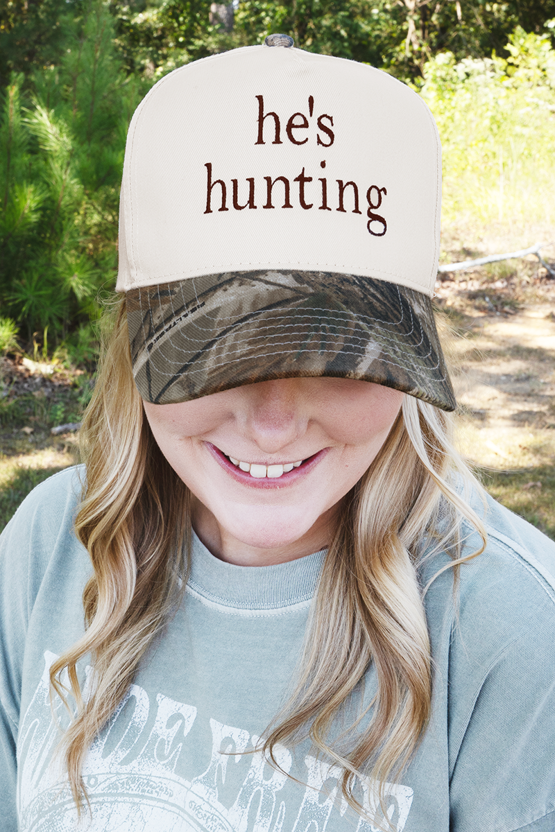 Natural Realtree All Purpose vc Embroidered He's Hunting Five Panel Twill Cap for wholesale on Faire0