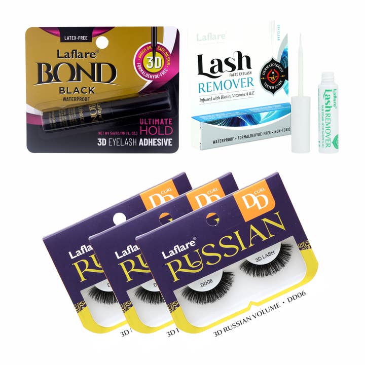 Laflare – wholesale Lösögonfransar – 3D ryska (MAX) volymmässiga, fluffiga, dramatiska, lätta, handgjorda DD Curl fransar 3 förpackningar med franslim och borttagare Allt i ett komplett kit