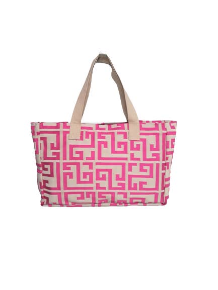 Tas Chris met Grieks sleutelpatroon in fuchsia en beige voor wholesale door AELIA ANNA