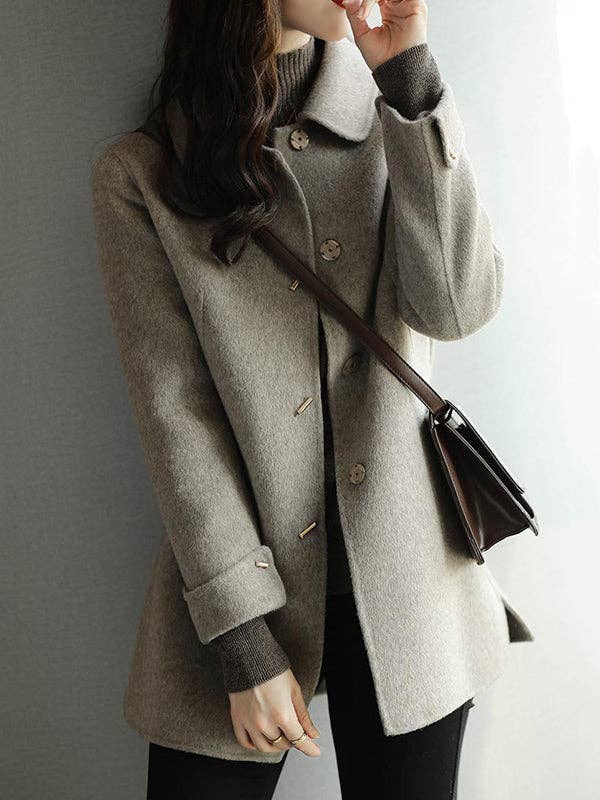 VividLux - Wholesale Coat - Women's - Long Sleeves Loose Buttoned Pockets Solid Color Lapel Woolen Coat3