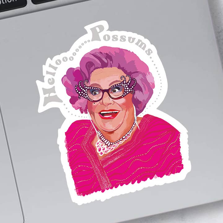 Dame Edna "Hello Possums" Sticker for wholesale by Fancypantsrodgers Illustration