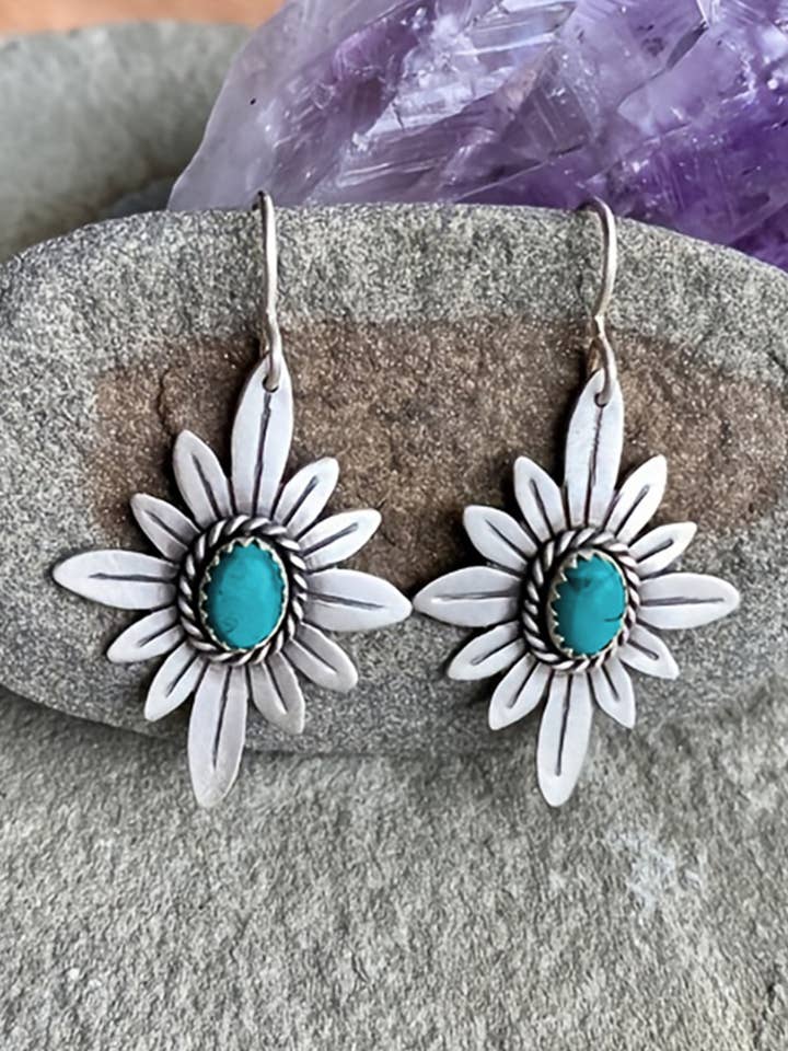 Western Turquoise Flower Shape Hook Earrings for wholesale by 1 the Woman