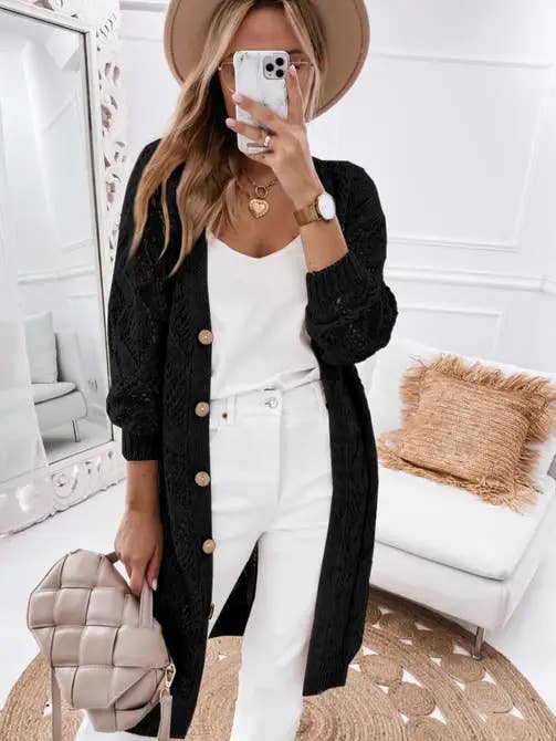 Lovesoft - Wholesale Cardigan - Women's - Khaki Hollow-out Openwork Knit Cardigan Sweater coat