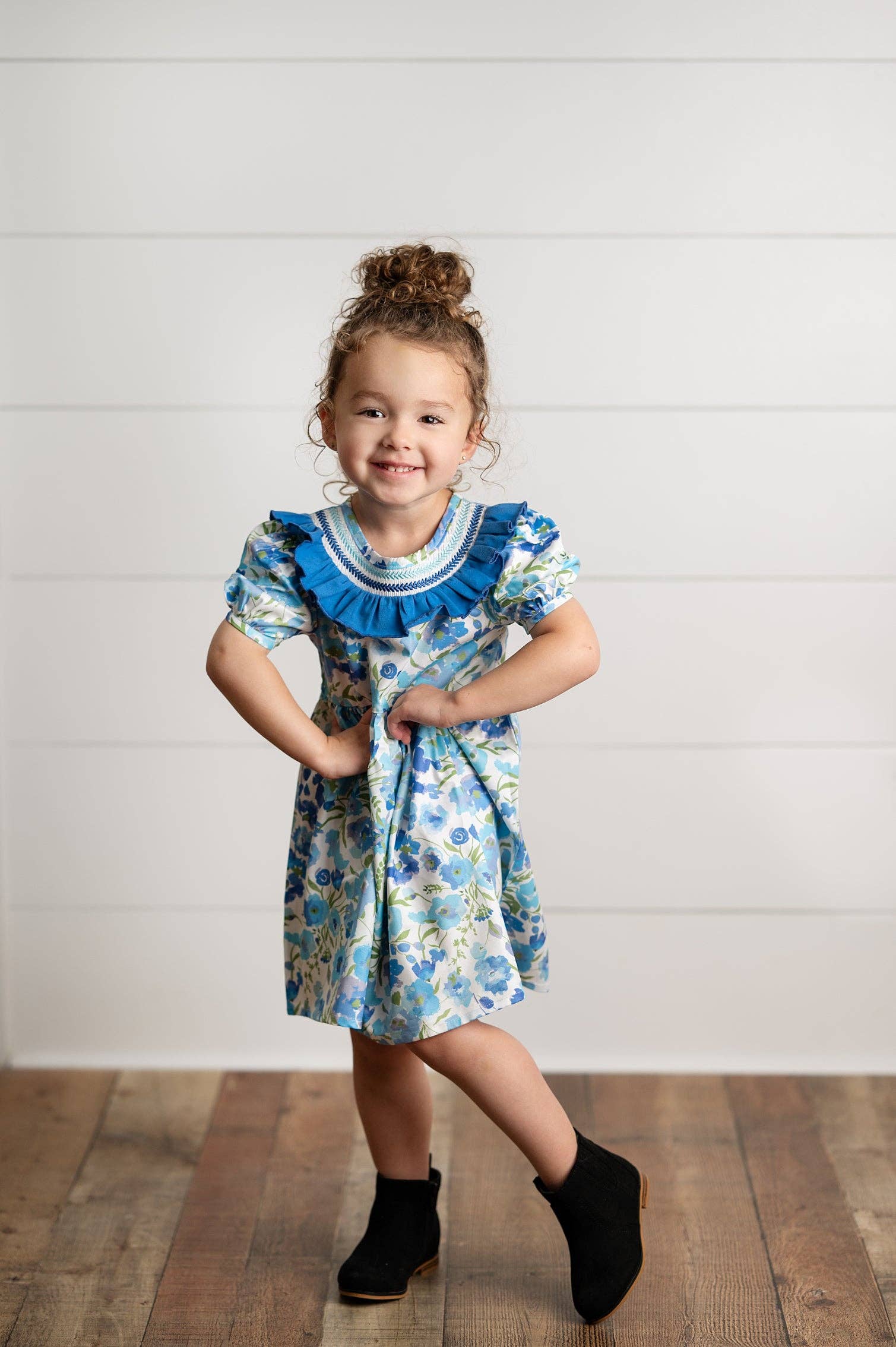 Wren & James - Wholesale Dress - Kids - Girls Blue Vintage Floral Embroidered Ruffle Dress4