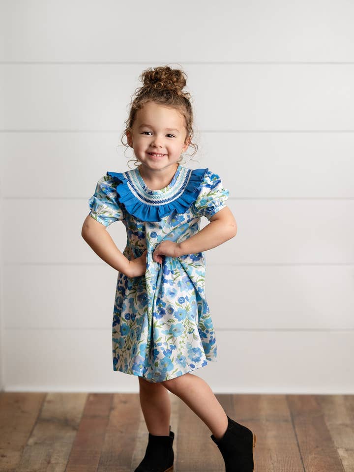 Wren & James - Wholesale Dress - Kids - Girls Blue Vintage Floral Embroidered Ruffle Dress4