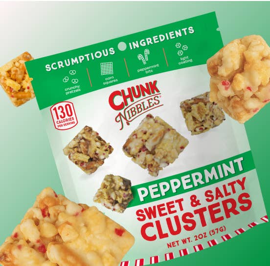 Chunk Nibbles – wholesale Pretzels – Holiday Peppermint Chunk Nibbles 2oz Snack Pack1