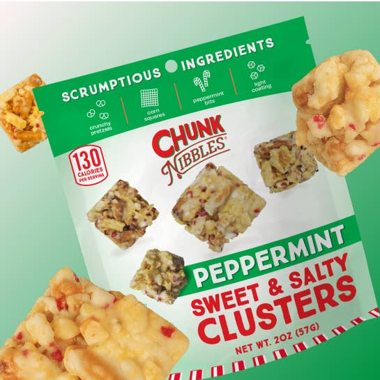 Chunk Nibbles – wholesale Pretzels – Holiday Peppermint Chunk Nibbles 2oz Snack Pack1