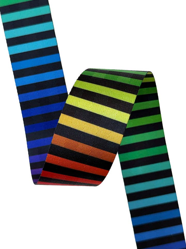 Black & Rainbow Stripe - 2in Handle Webbing 12 yard roll for wholesale by Sassafras Lane Designs
