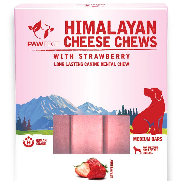 Pawfect Himalaya Ostegodbidder med Jordbær til Hunde | 100 % Naturlig Tandrens | Renser tænder | Fjerner plak og tandsten | Højt proteinindhold | Kornfri | Langtidsholdbar tyggegodbid | Pakke med 3 for engroshandel hos Pawfect Foods