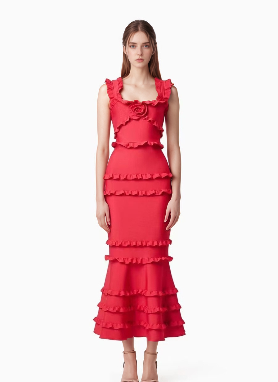 Sanyao Fashion – Vestido comprido - Mulher por atacado – Vestido de Cauda de Sereia com Camadas e Folhos SY497 para Noite de Verão4