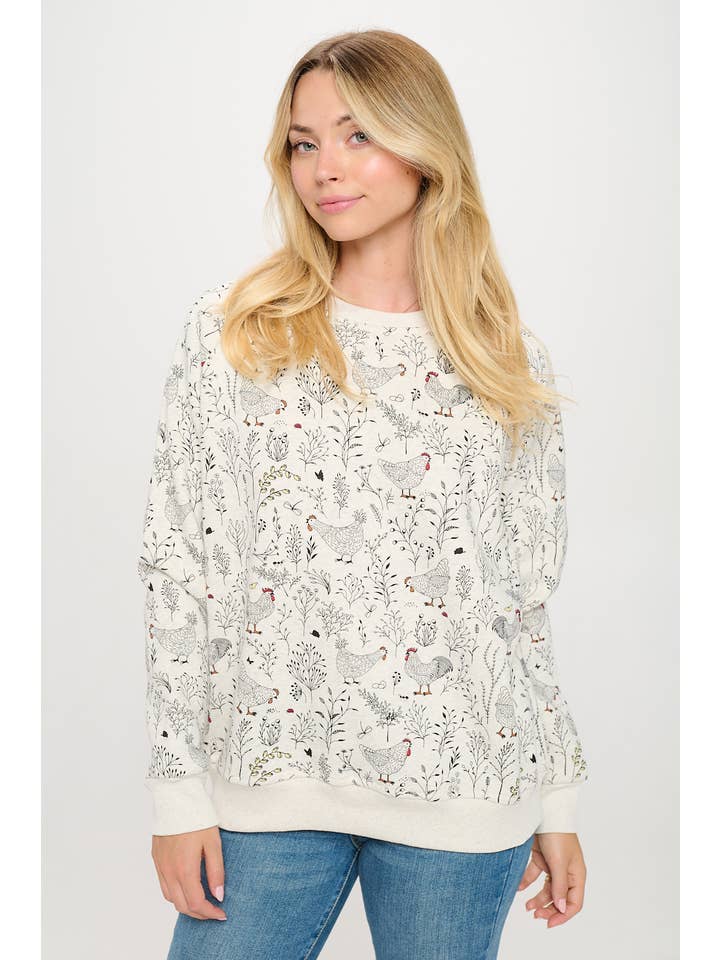 SM WARDROBE - Wholesale Sweatshirt - Women's - ROOSTER FLORAL PRINT SWEATSHIRT