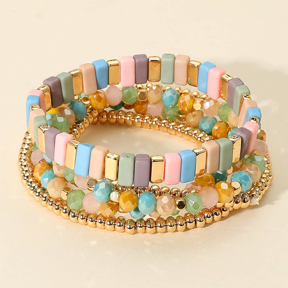 Sensibling Corp. - Wholesale Jewelry Set - 5PCS - Mixed Shape Textured Beaded Stretch Multi Layered Bracelets6