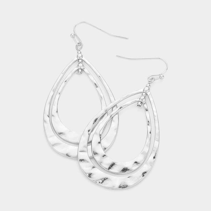 Sensibling Corp. - Wholesale Dangle Earrings - Hammered Metal Double Layered Teardrop Dangle Earrings