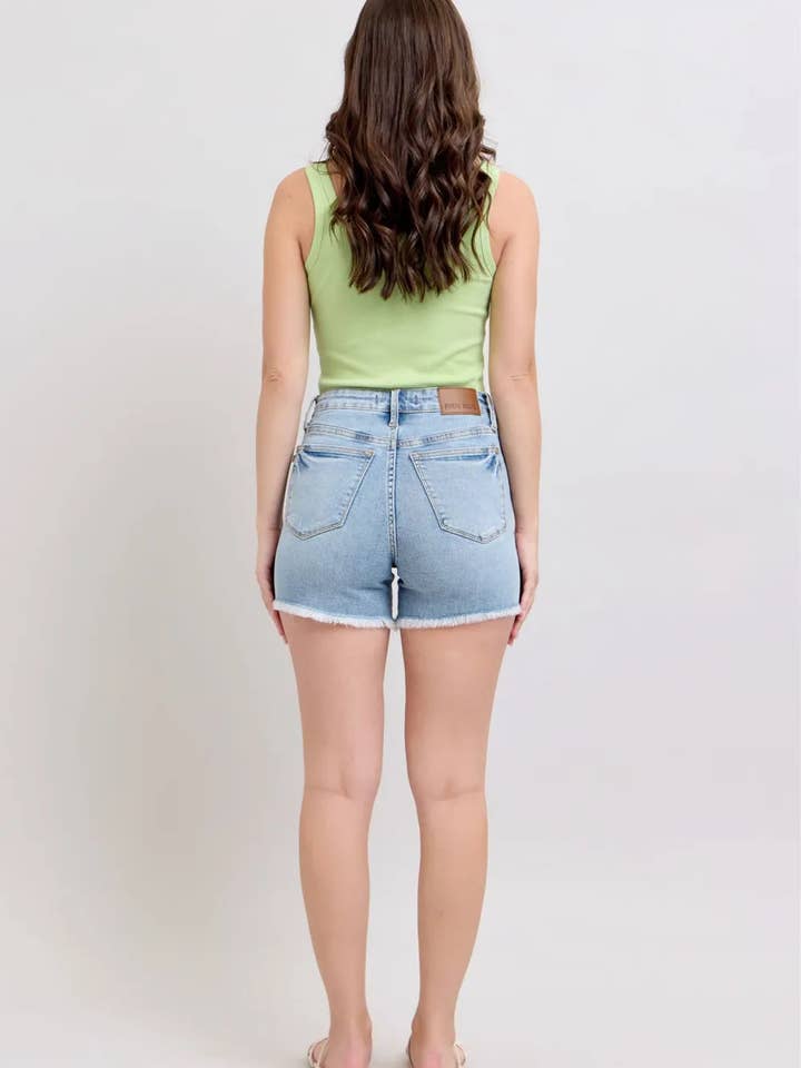 Light Judy Blue Full Size Tummy Control Raw Hem Denim Shorts Plus Size for wholesale on Faire