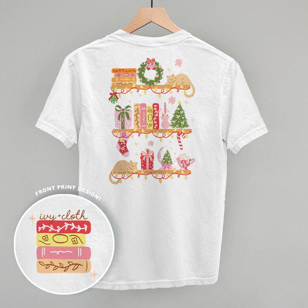 White Holiday Bookshelf Doodles (Back Print) for wholesale on Faire0