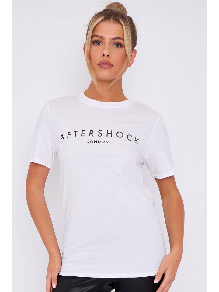 Aftershock London – wholesale T-shirts med screentryck – Dam – Vit Logo Kortärmad T-shirt med rund hals3