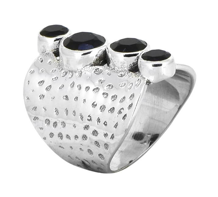 Tiramisu - Wholesale Cocktail/Statement Ring - Black Onyx 925 Sterling Silver Hammered Statement Ring3